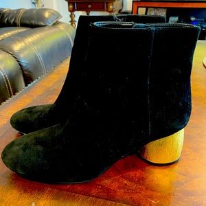 Antonio Melani black suede ankle bootie with gold heels size 8.